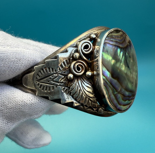 Attractive Sterling Silver Floral Abalone Shell Mother Of Pearl Cuff Bracelet 1