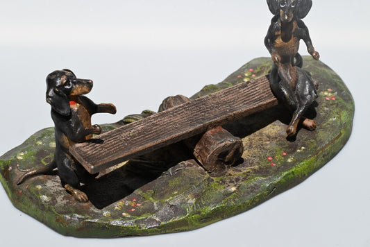 Vintage Austrian Vienna Cold Painted Bronze of Dachshund Dogs Playing Seesaw1