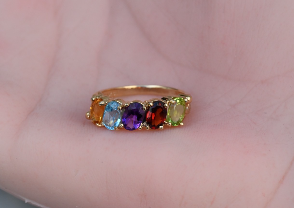 Rainbow Semi-Precious Gemstone Ring with Half Eternity Band in 10K Yellow Gold10
