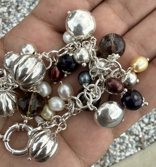 Beautiful Italian Sterling Silver Charm Bracelet w/ Pearls & Faceted Gemstone1