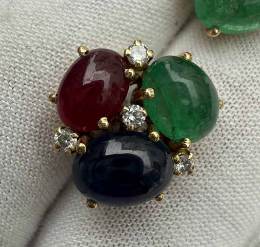 Stunning 18k Yellow Gold Bubble Earring W/ Natural Emerald, Sapphire & Rubies1