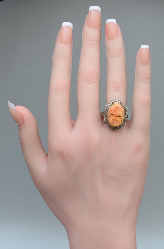 Antique 14K White Filigree Statement Ring With Hand Carved Natural Coral Gem1
