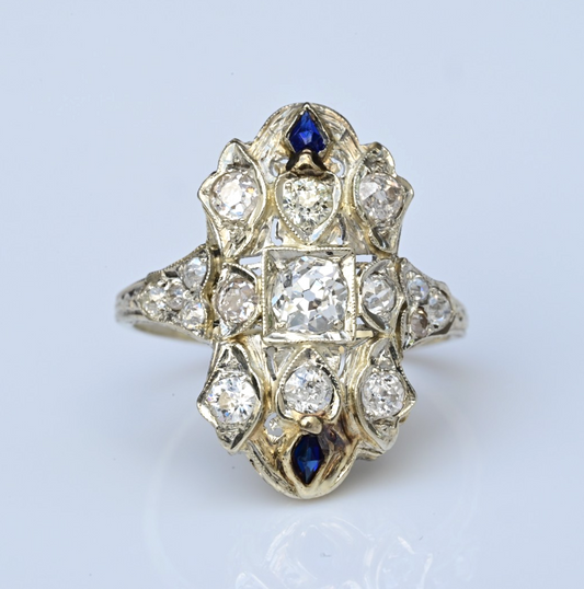Amazing Antique Art Deco Period 18K White Gold Filigree Ring Diamonds & Sapphire1