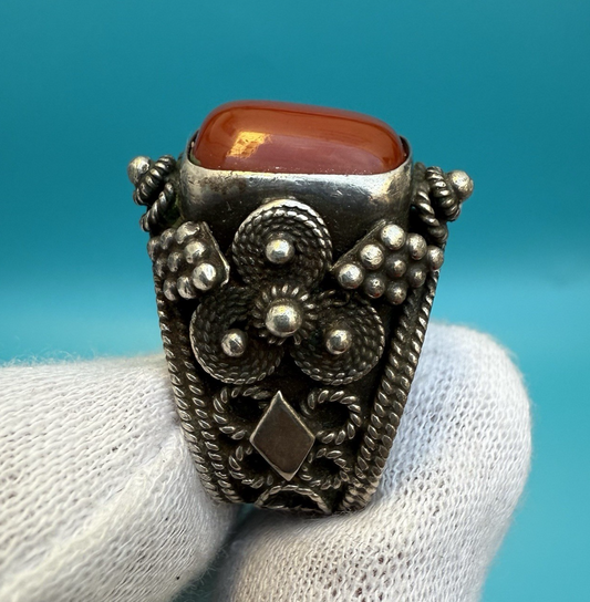 High Quality Tribal Fine Silver Ring w/ Red Carnelian Gemstone1