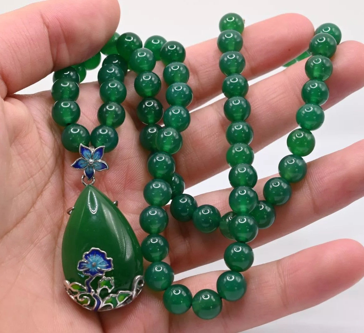 Rich Green Translucent Emerald Beaded Gemstone Necklace Wt Enamel Silver Pendant5