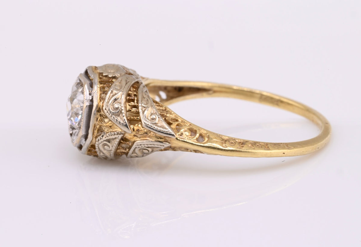 Elegant Antique 14K Bi Color Gold Ring w/ .30 ct Old Mine Cut Diamond IGI Cert8