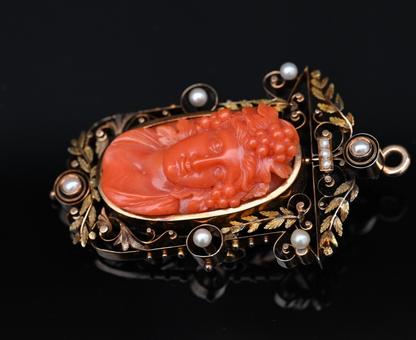 High Quality Antique 19th C. Victorian Period Carved Red Coral 14K Gold Pendant2