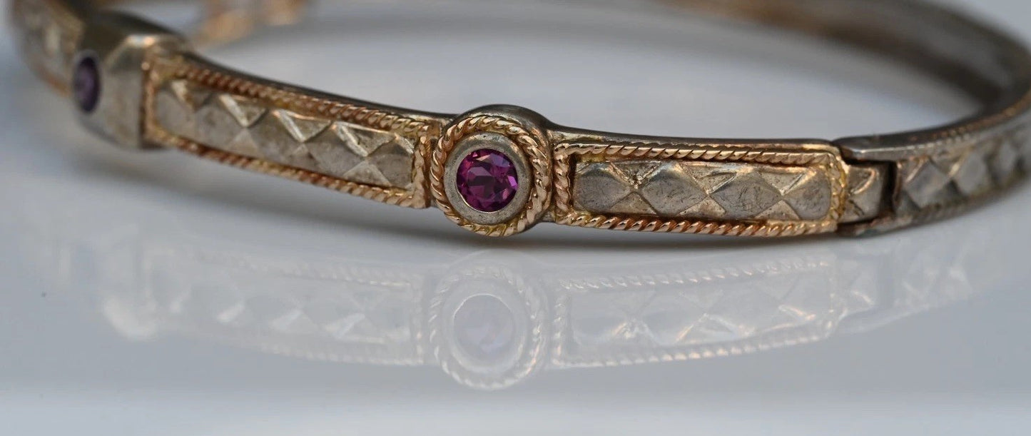Elegant Hinged Bangle Textured Design & Amethyst Accent Stones 14k 925 Sterling3