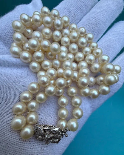 Genuine Early Vintage String of Cultured Pearls 14K White Gold Clasp MGM J6