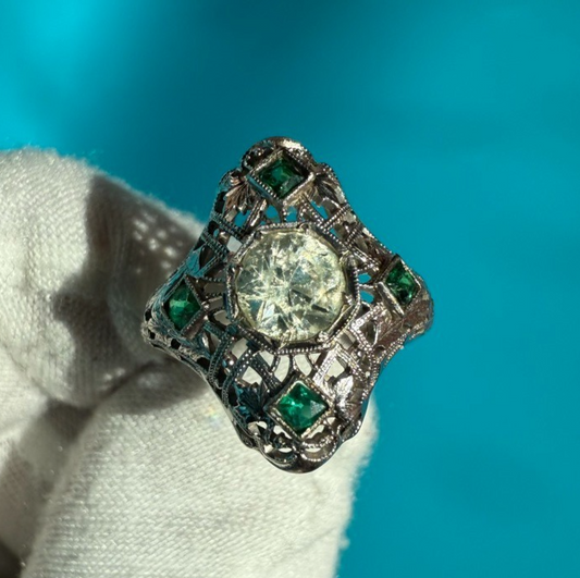 Wonderful Antique Art Deco Period 14k - 18k White Gold Ring W/ Glass Diamond0