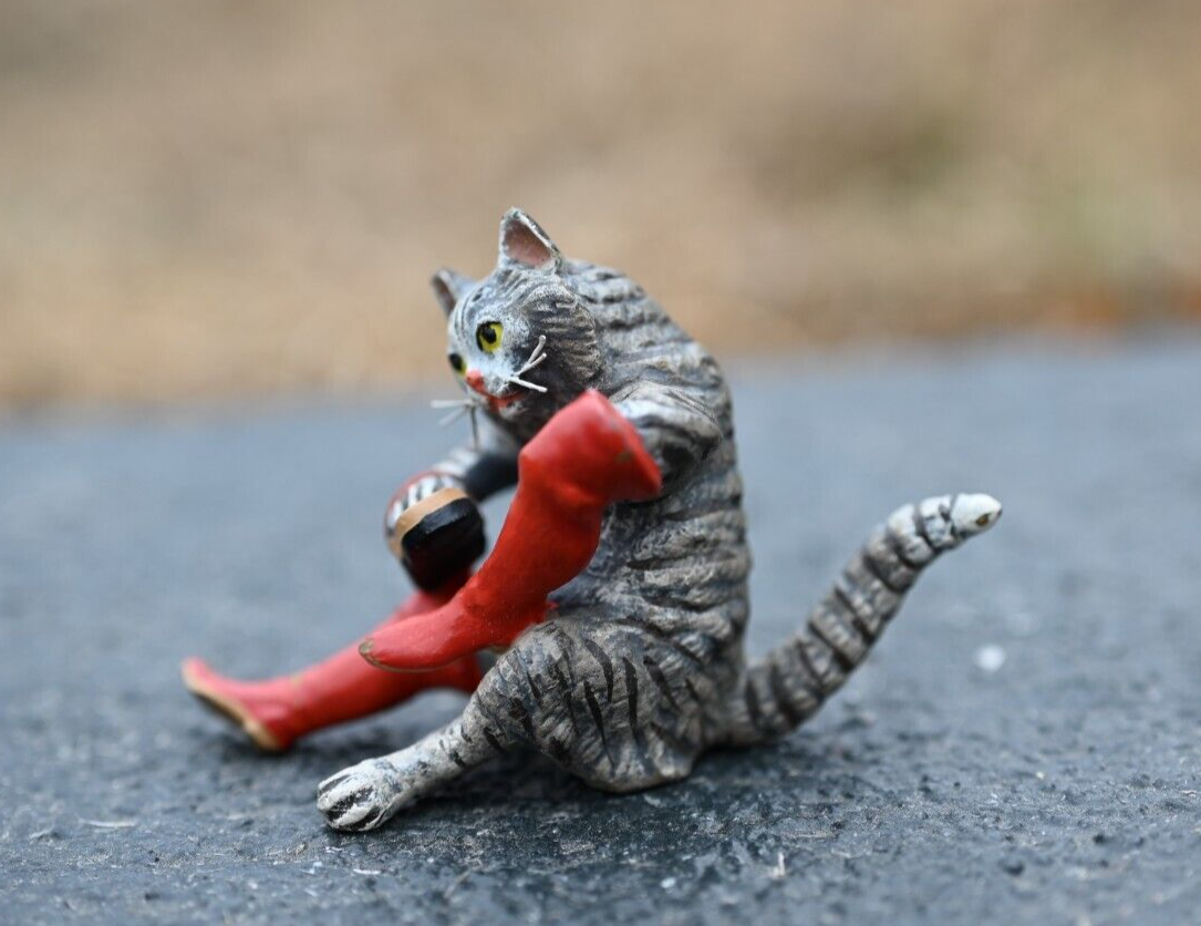 Vintage Austrian Vienna Cold Painted Bronze of Small Cat Cleaning Red Boots6