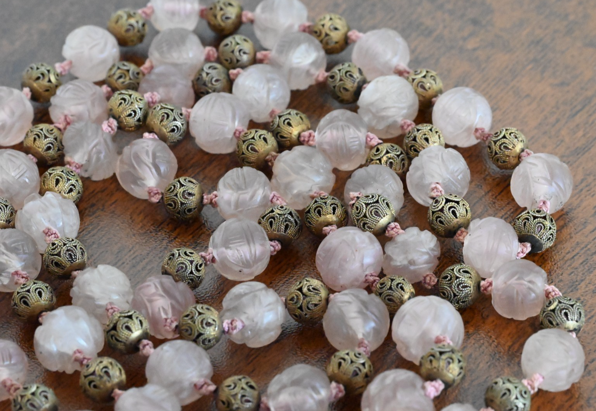 Antique / Vintage Chinese Beaded Pink Quartz Necklace with Gilt Silver Beads5
