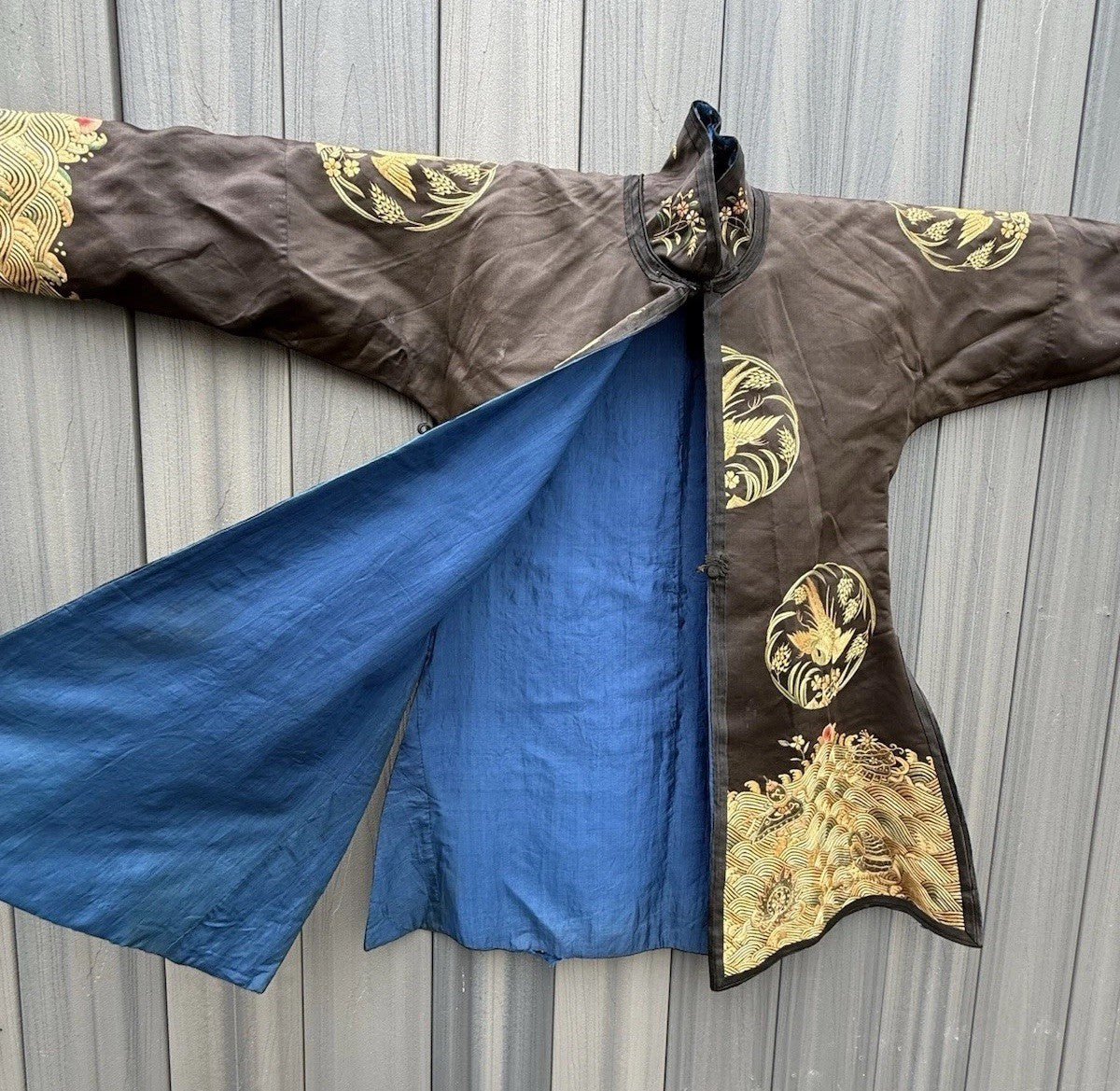 Early Antique Qing Dynasty Chinese Black Silk Embroidery Robe With Crane Birds6