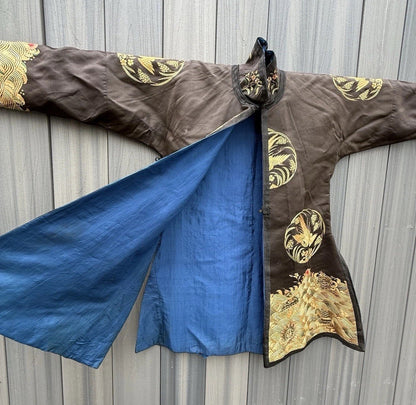 Early Antique Qing Dynasty Chinese Black Silk Embroidery Robe With Crane Birds6