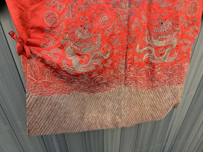 Antique Qing Dynasty Chinese Metallic Silk Embroidery Dragon Robe In Red Color3