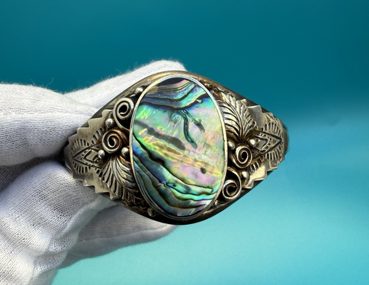 Attractive Sterling Silver Floral Abalone Shell Mother Of Pearl Cuff Bracelet 0