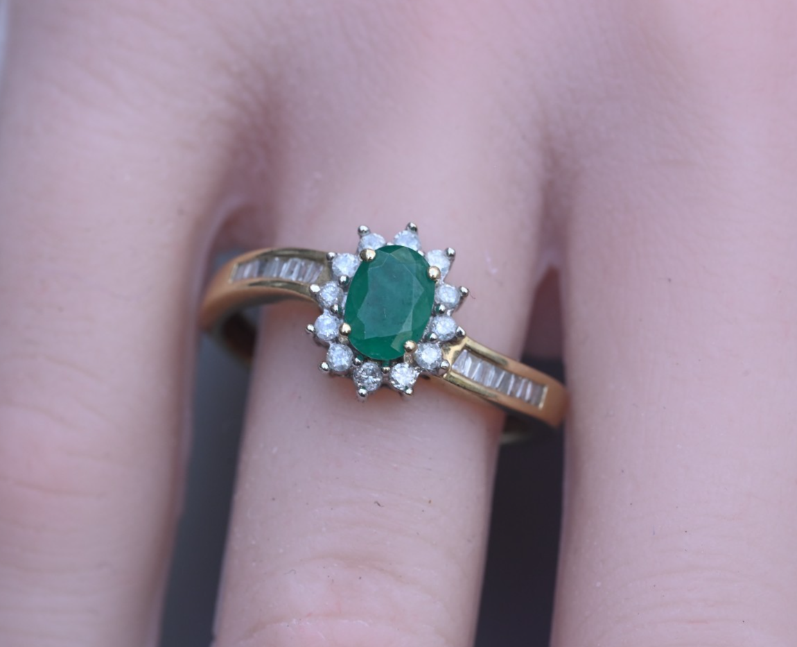 Gorgeous Vintage Oval Emerald Ring with Halo of Diamonds in 14K Yellow Gold2