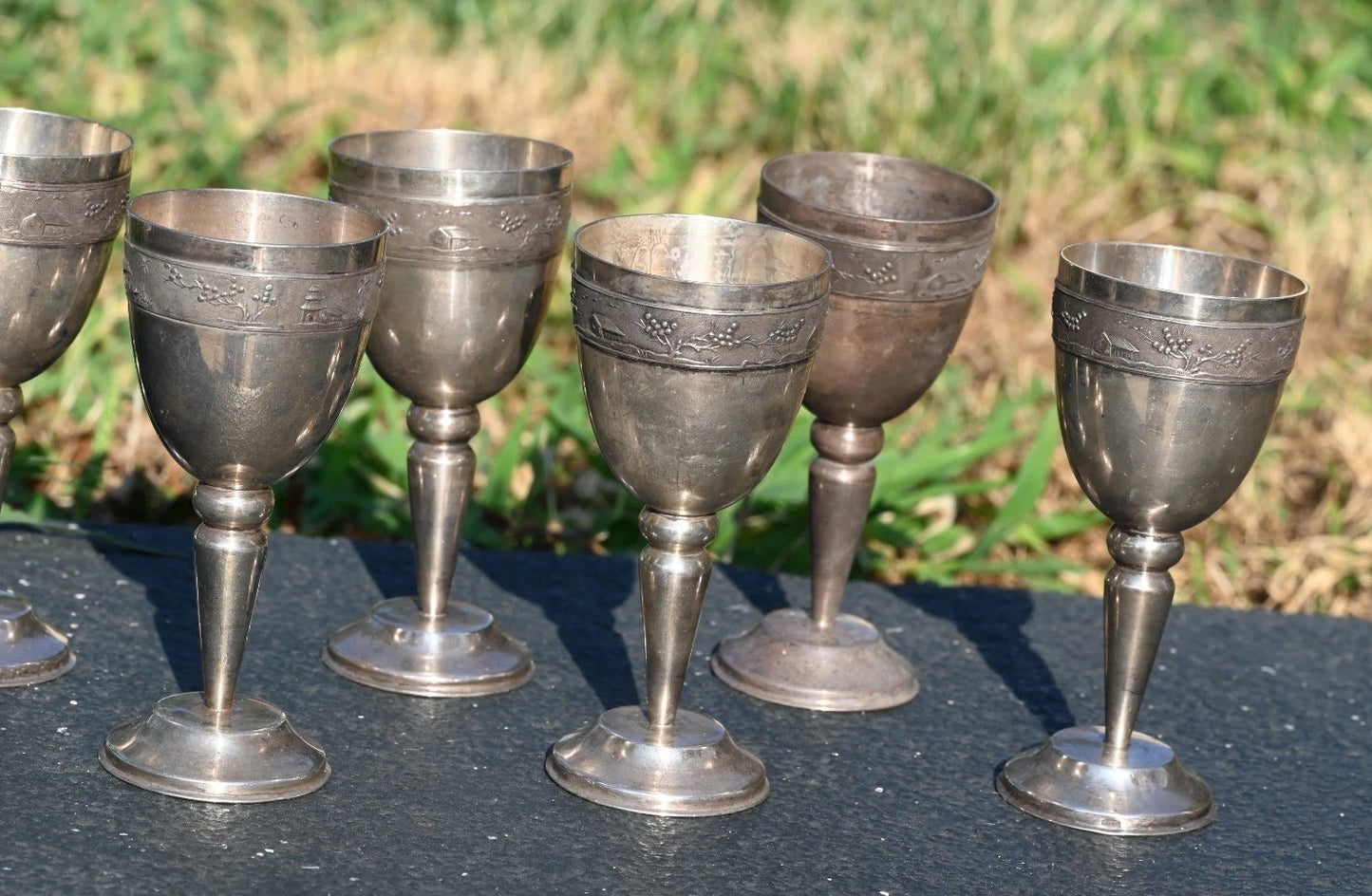 Unique Vietnamese Antique 1900s Handmade Silver Decanter Set With Tray & Cups14