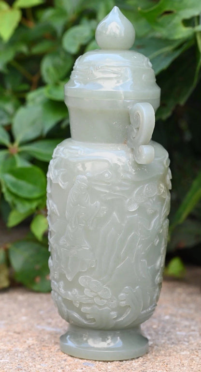Beautiful Mid-20th C. Chinese Light Green Jade Lidded Vase With Carved People1