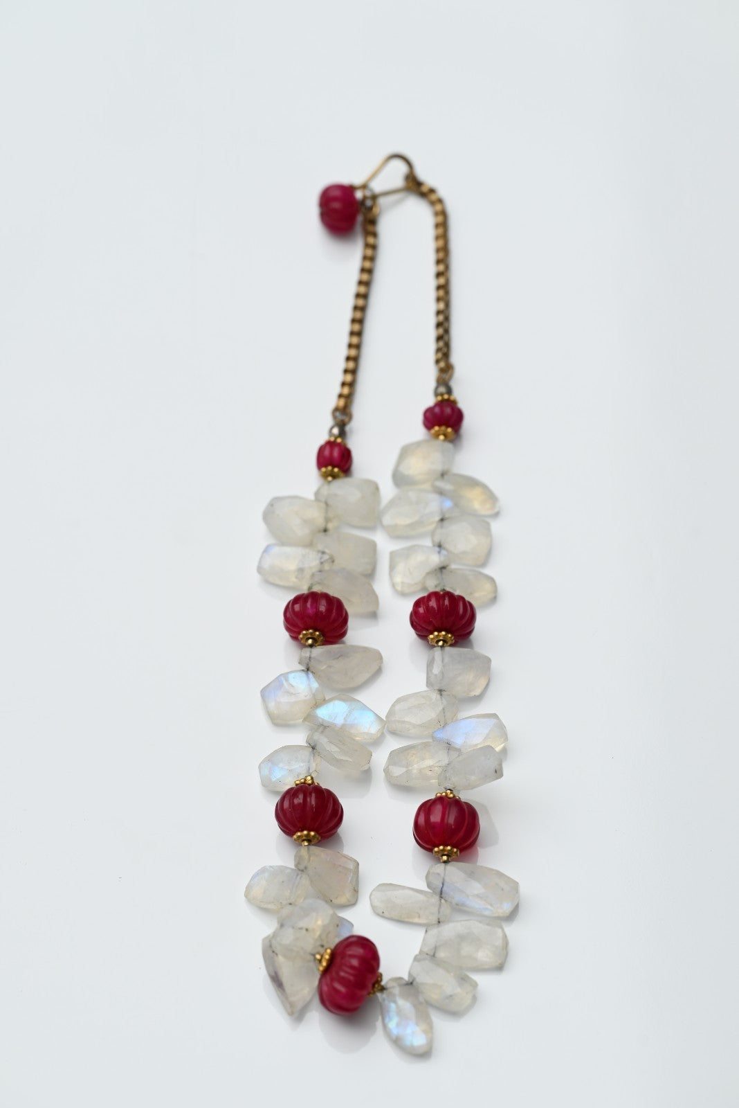 Gold Gilt Sterling Silver Necklace with Moonstone Petals & Red Ruby Gems0