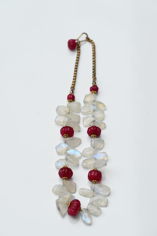 Gold Gilt Sterling Silver Necklace with Moonstone Petals & Red Ruby Gems0