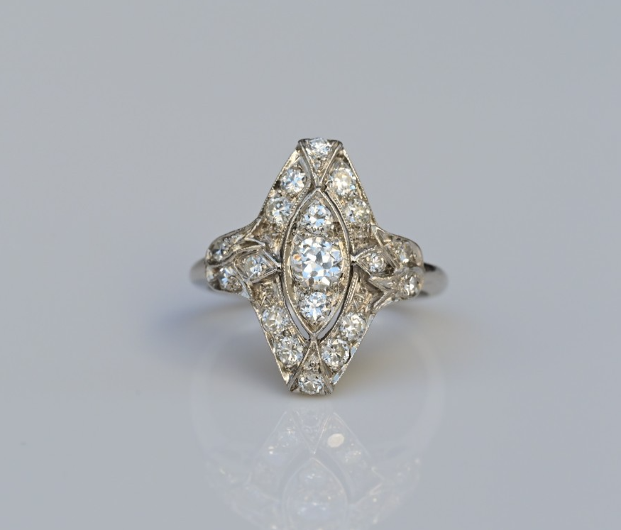 Petite Antique 1900s Art Deco Period Platinum Ring w VS Diamonds IGI Certified6