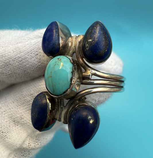 Very Beautiful Sterling Silver Southwest Style Ring w/ Lapis & Turquoise 1