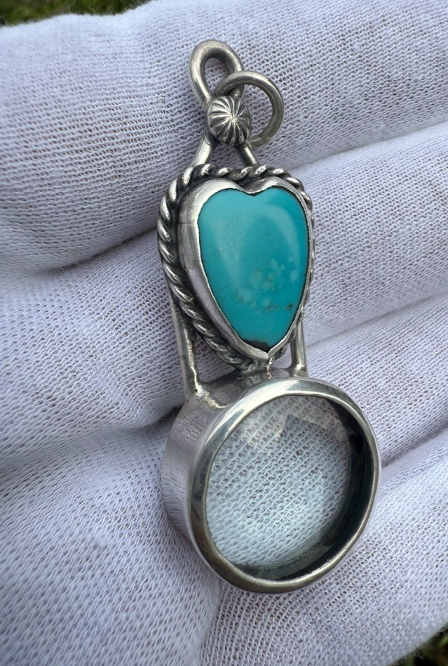 Signed MS Sterling Silver Southwest Jewelers Loupe W/ Heart Shaped Turquoise 2