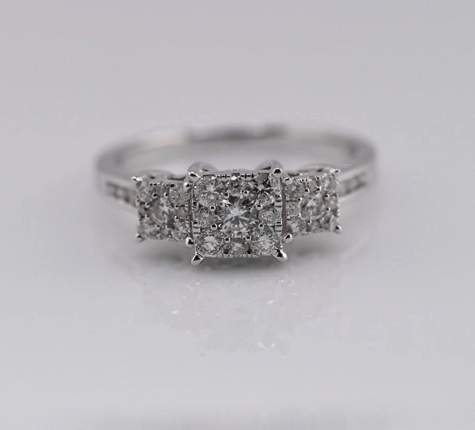 Beautiful Square Cluster Three Stone Diamond Engagement Ring 14K White Gold2