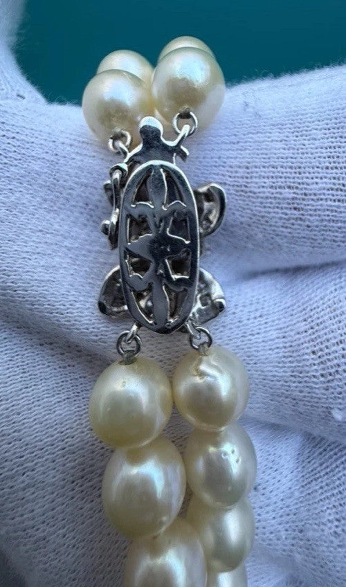 Genuine Early Vintage String of Cultured Pearls 14K White Gold Clasp MGM J5