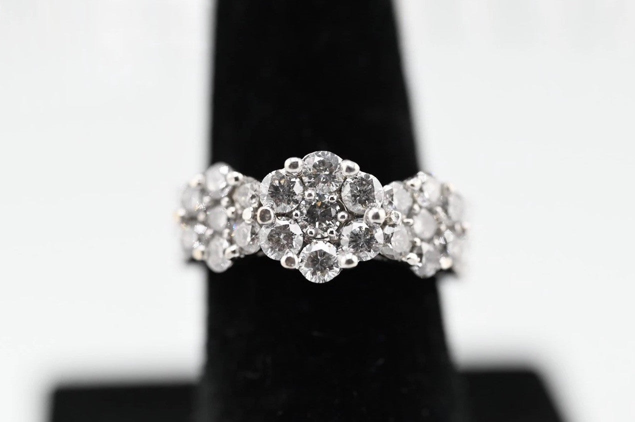 Gorgeous 14K White Gold 2TW Diamond Cluster Ring in Triple Flower Design7