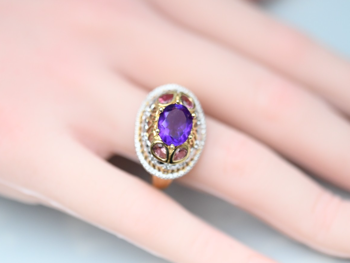 Eye-Catching Vintage Two Tone 10k Gold Cocktail Ring with Faceted Oval Amethyst3