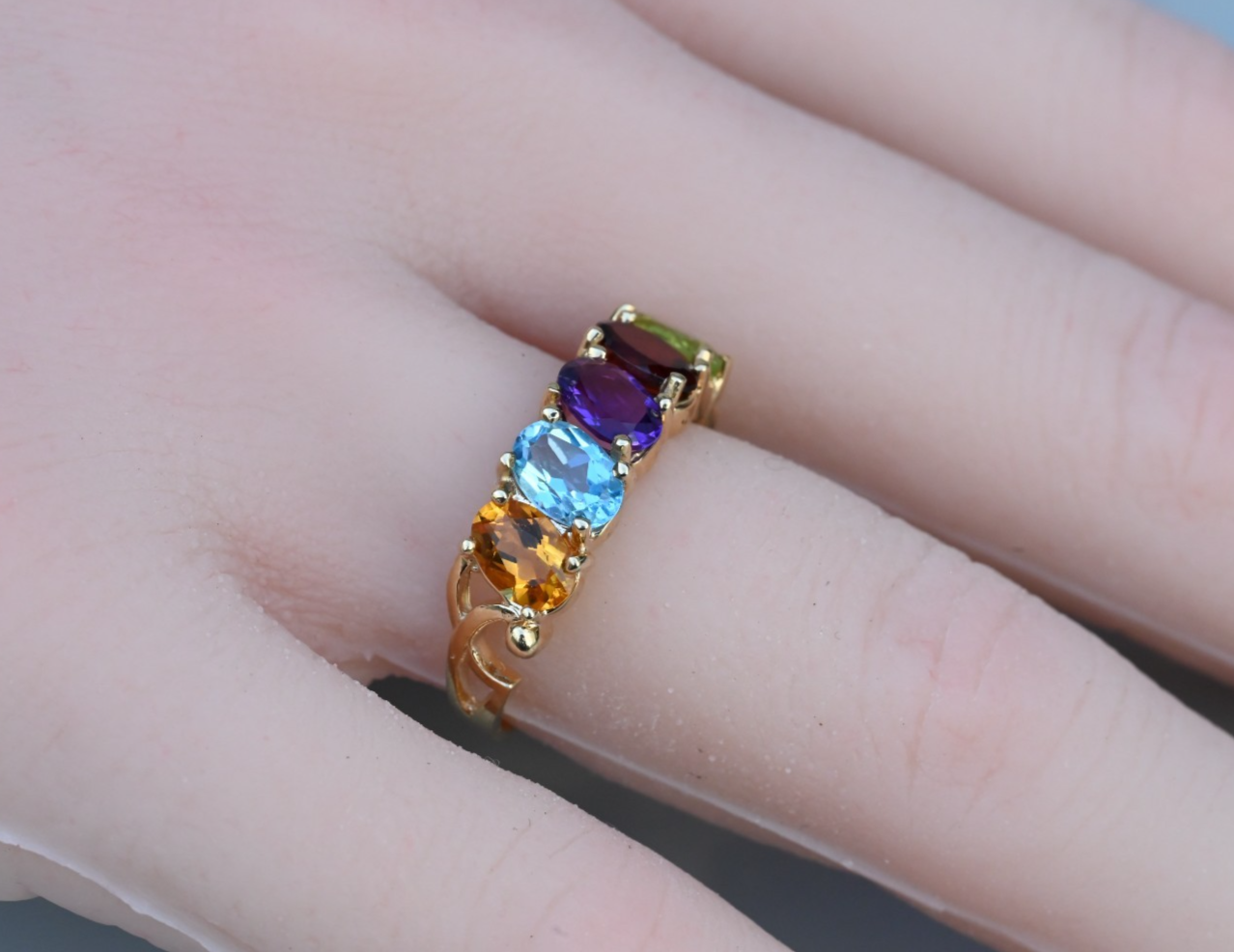 Rainbow Semi-Precious Gemstone Ring with Half Eternity Band in 10K Yellow Gold2