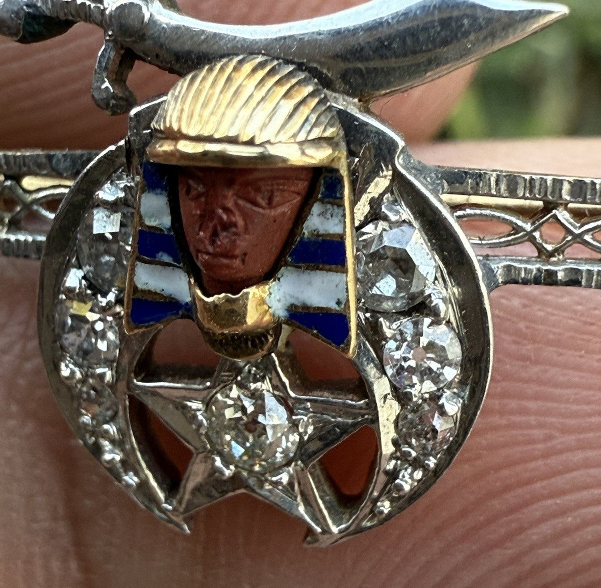 High Quality Antique 1900s Mason Masonic Egyptian Pharaoh 14k & Diamond Brooch4
