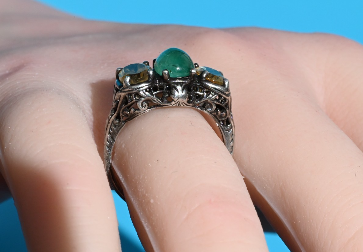 Antique Victorian / Art Deco 925 Sterling Silver Filigree w Natural Emerald Ring1