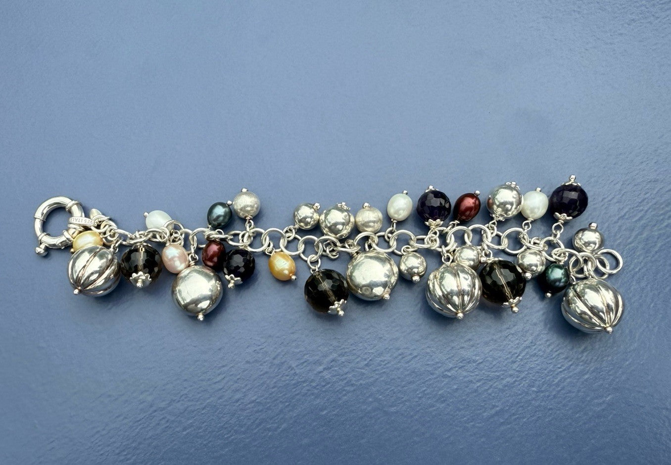 Beautiful Italian Sterling Silver Charm Bracelet w/ Pearls & Faceted Gemstone0