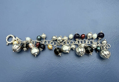 Beautiful Italian Sterling Silver Charm Bracelet w/ Pearls & Faceted Gemstone0