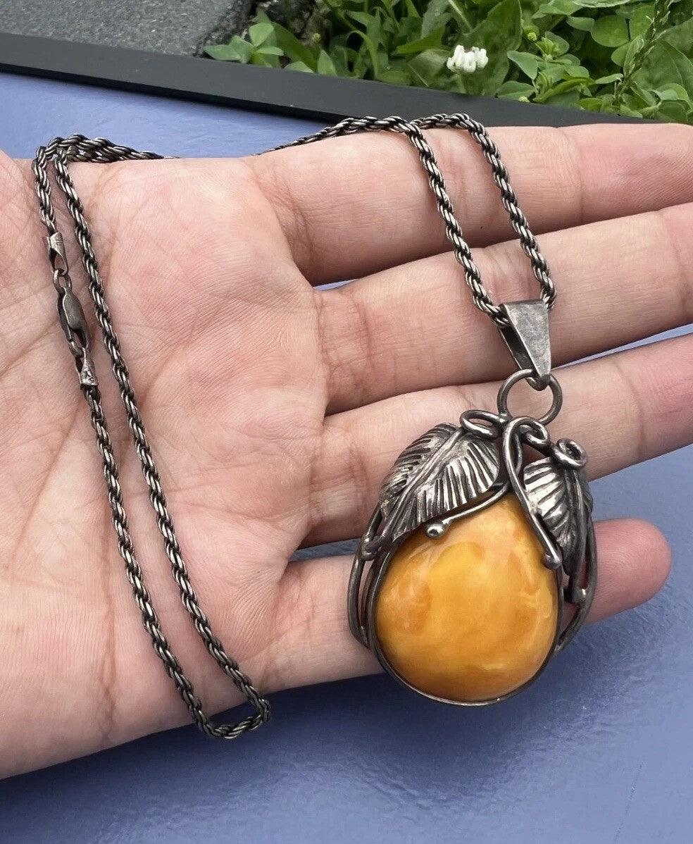 Gorgeous Natural Marbled Butterscotch Amber & Fine Silver Pendant Necklace5