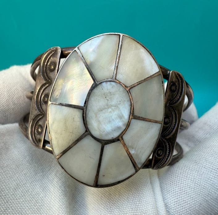 Zuni Native American Sterling Silver Cuff Bracelet w/ Mother of Pearl Inlay2
