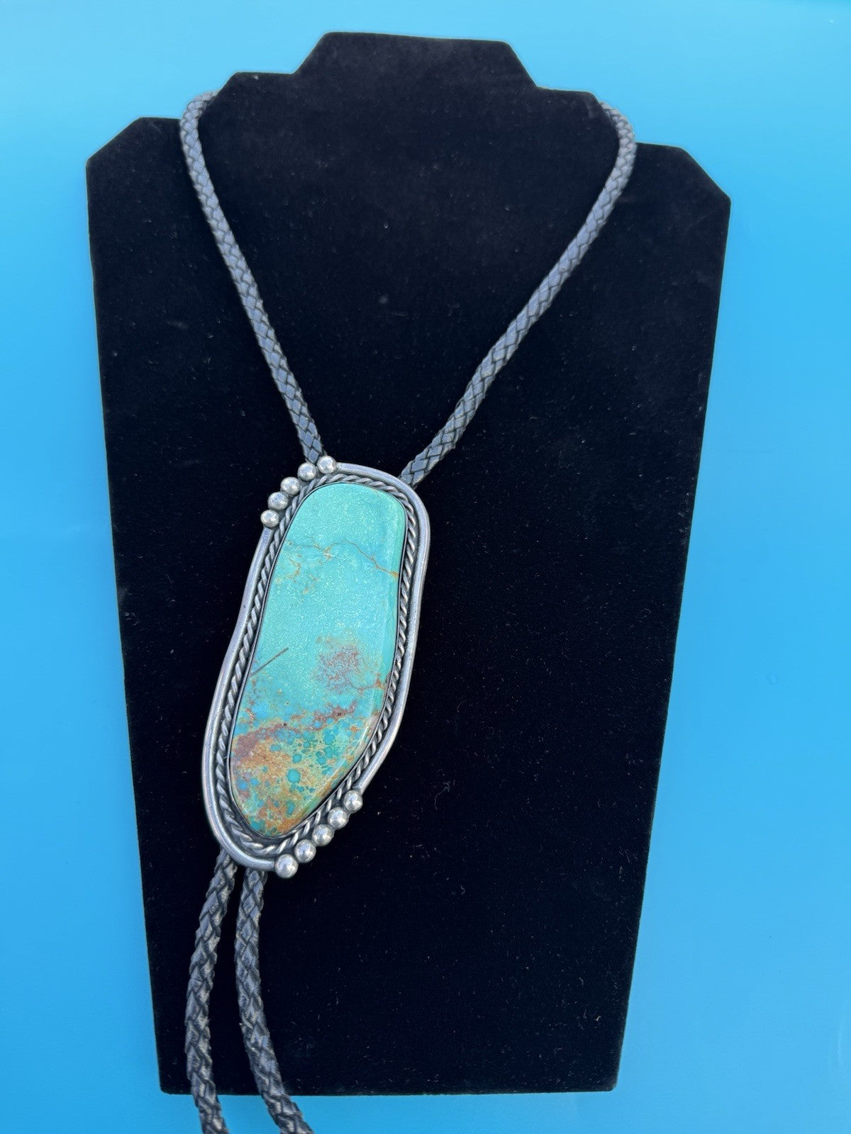 Amazing Native American Navajo Sterling Silver Turquoise Far Fetchel Bolo1