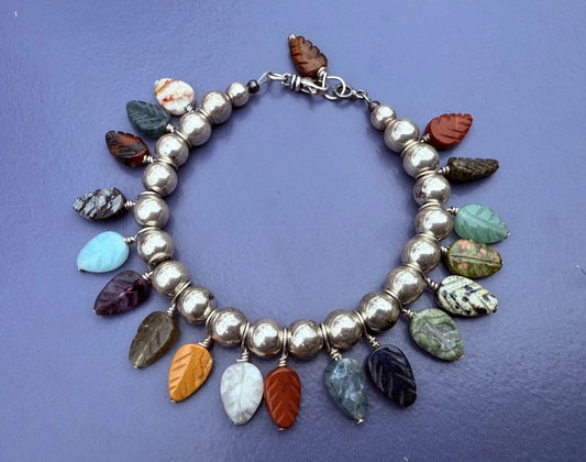 Amazing Vintage Sterling Silver Bracelet with Multicolor Gemstones Leaf Charms0