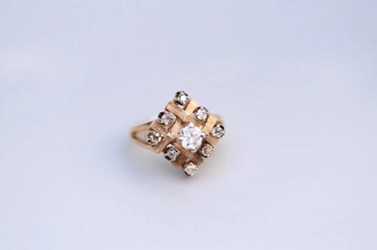 Antique Old Mine Cut Diamond Cluster 14k Yellow Gold Ring5