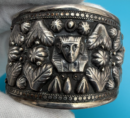 Awesome Vintage Egyptian Revival Tutankhamun 900 Middle East Silver Cuff Bangle1