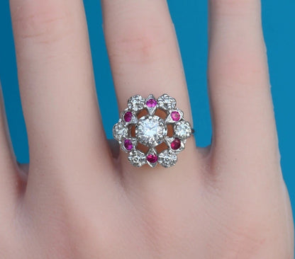 Stunning 14K White Gold .50ct Diamond Ring with Floral Halo of Rubies & Diamonds0
