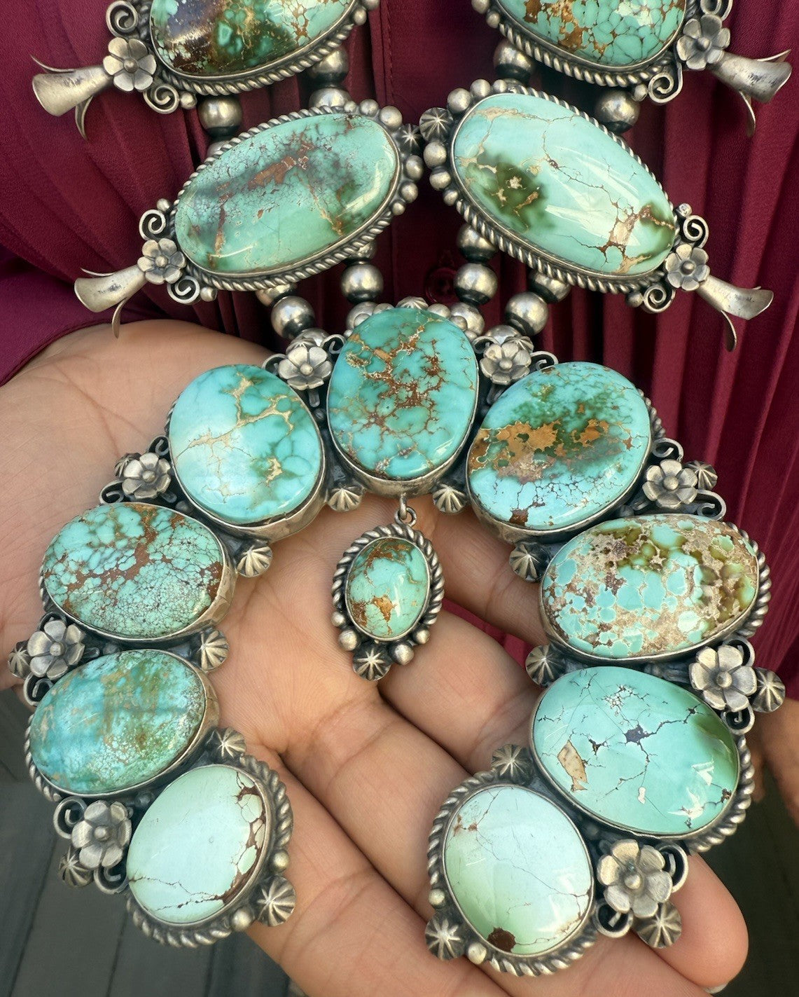 Native American Turquoise &Sterling Squash Blossom Jewelry Set By Maynard Garcia2