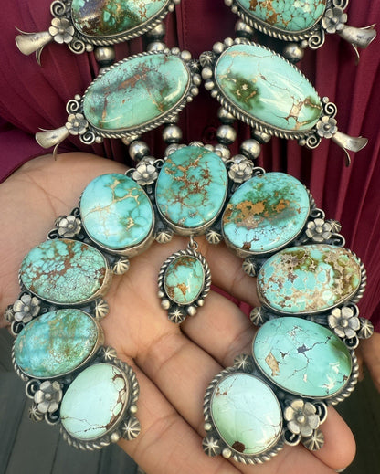 Native American Turquoise &Sterling Squash Blossom Jewelry Set By Maynard Garcia2