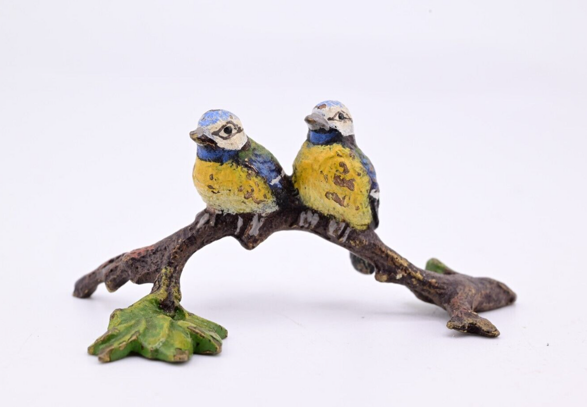 Antique Austrian Vienna Cold Painted Bronze Figure Eurasian Blue Tit Birds1
