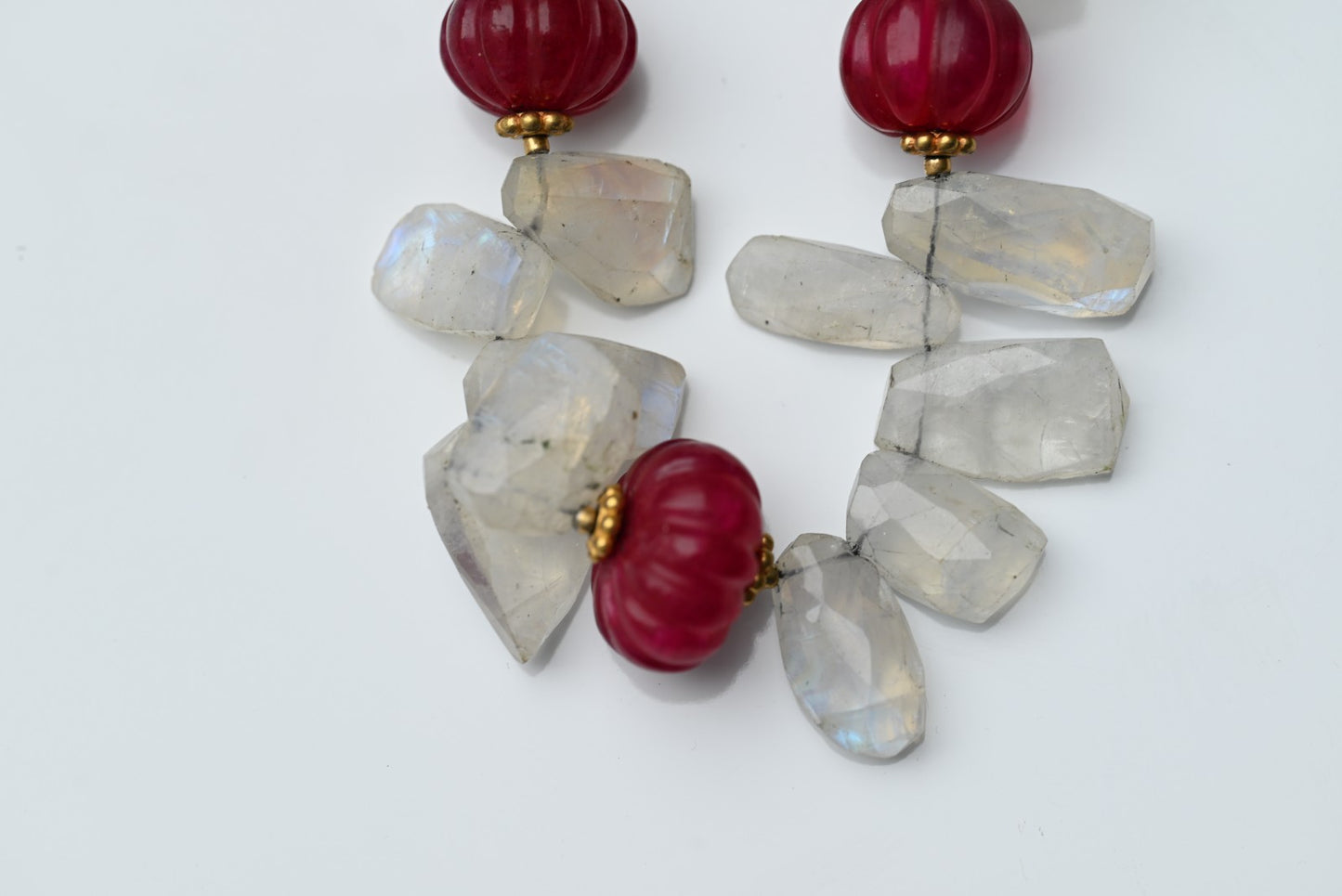Gold Gilt Sterling Silver Necklace with Moonstone Petals & Red Ruby Gems1