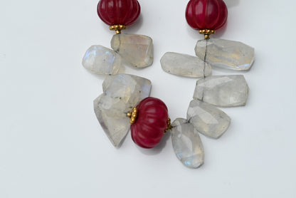 Gold Gilt Sterling Silver Necklace with Moonstone Petals & Red Ruby Gems1