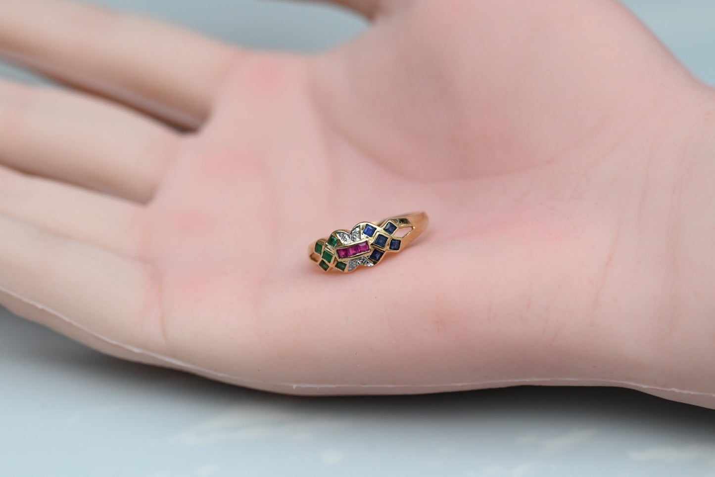 Mosaic Design Multi-gemstone Emeralds, Sapphires, Rubies, & Diamonds 14k YG Ring5